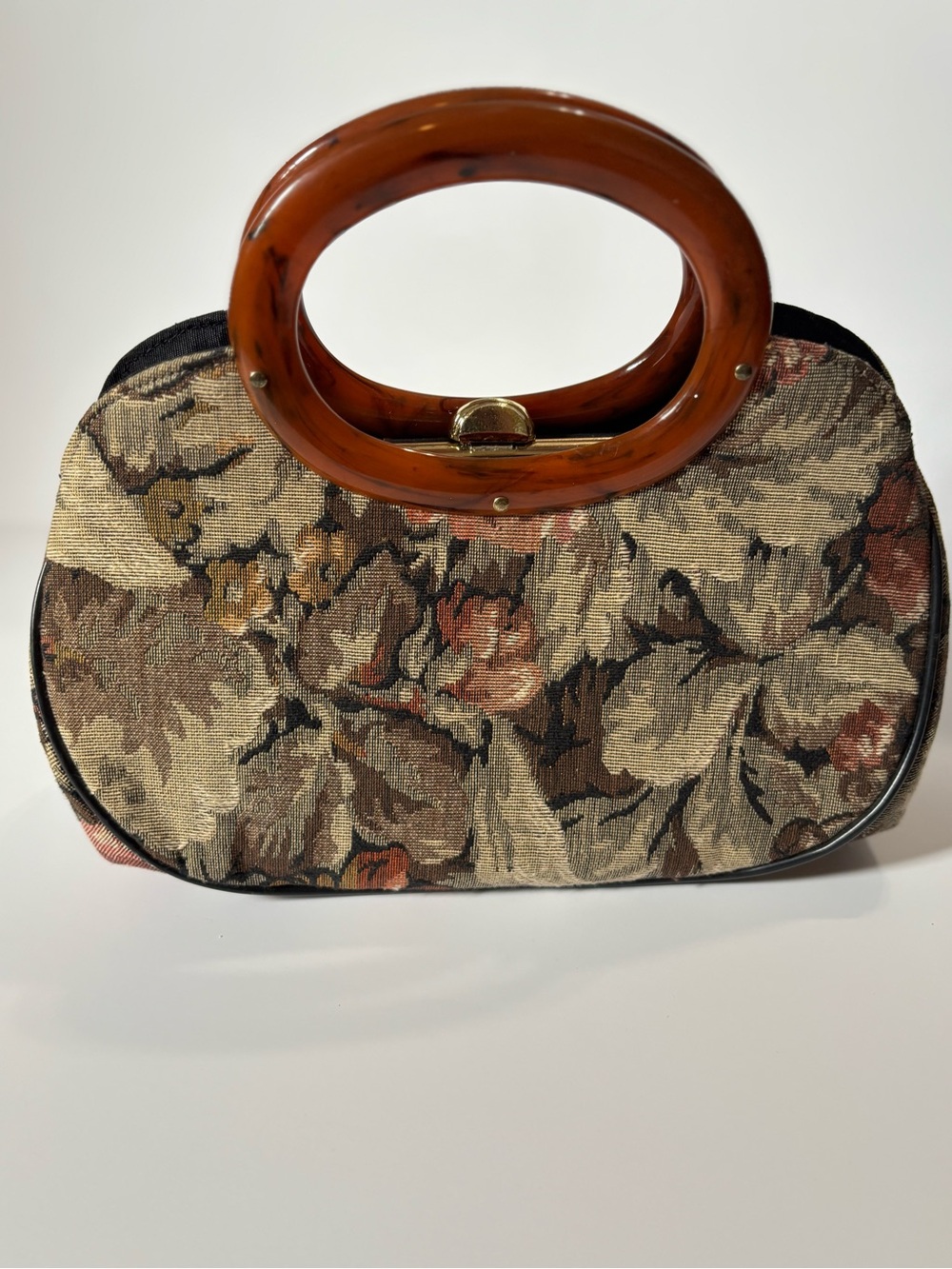 Vintage Floral Tapestry Clutch with Tortoiseshell-Style Handle - Beige & Brown
